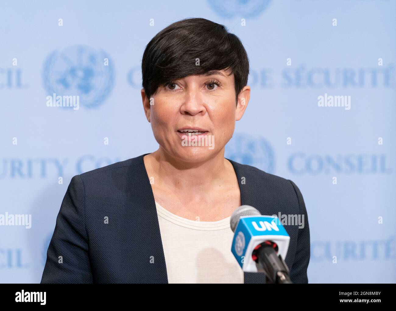 New York, USA. 23rd Sep, 2021. Ms. Ine Eriksen Soreide, Minister for Foreign Affairs of Norway briefs media on stakeout of Security COuncil at UN Headquarters in New York on September 23, 2021. (Photo by Lev Radin/Sipa USA) Credit: Sipa USA/Alamy Live News Stock Photo