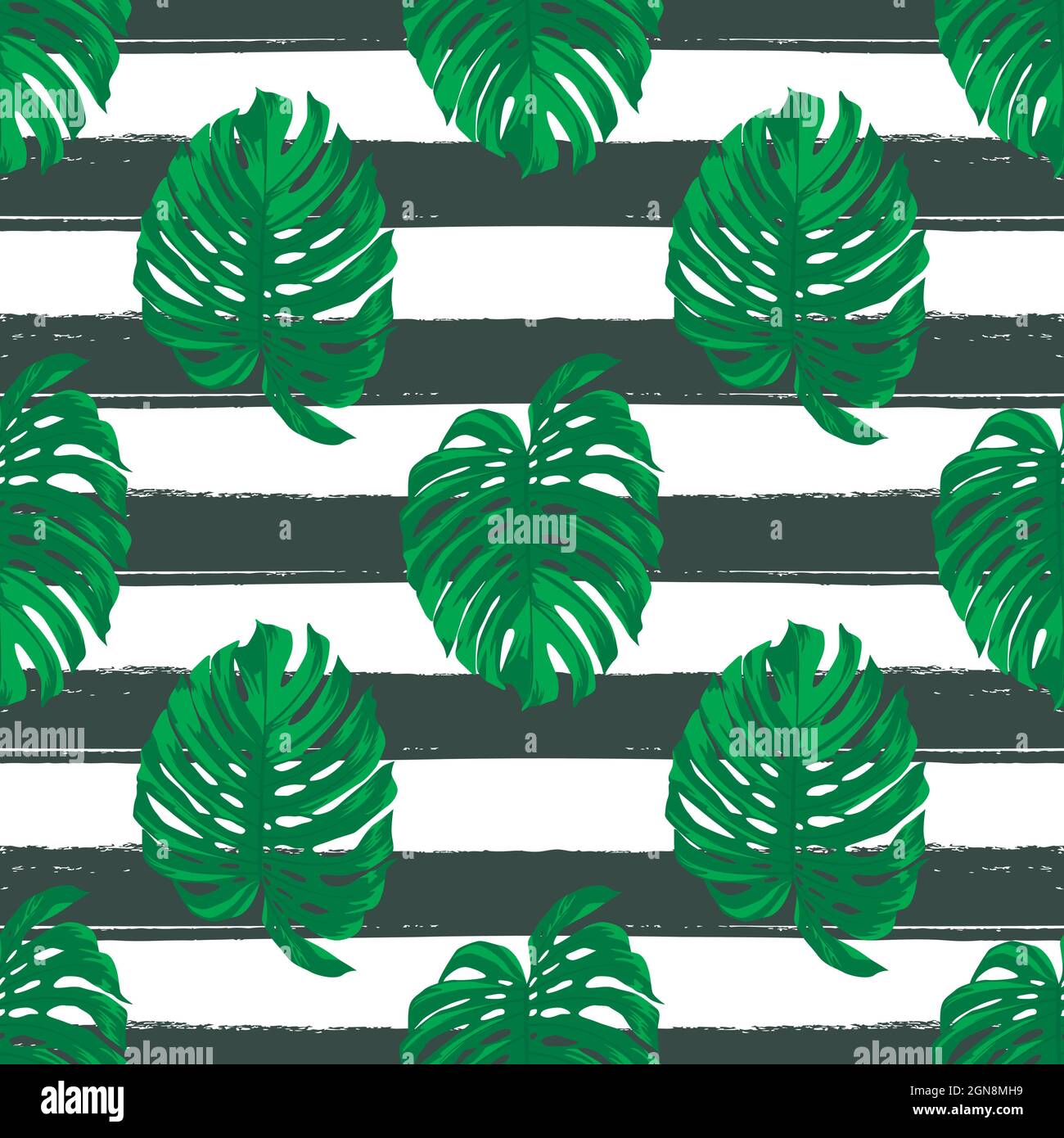 Vector Seamless Pattern with Tropical Leaves on Striped Black and White ...