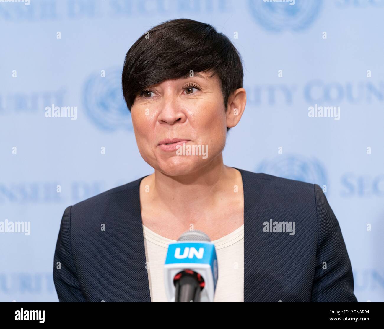 New York, NY - September 23, 2021: Ms. Ine Eriksen Soreide, Minister for Foreign Affairs of Norway briefs media on stakeout of Security COuncil at UN Headquarters Stock Photo