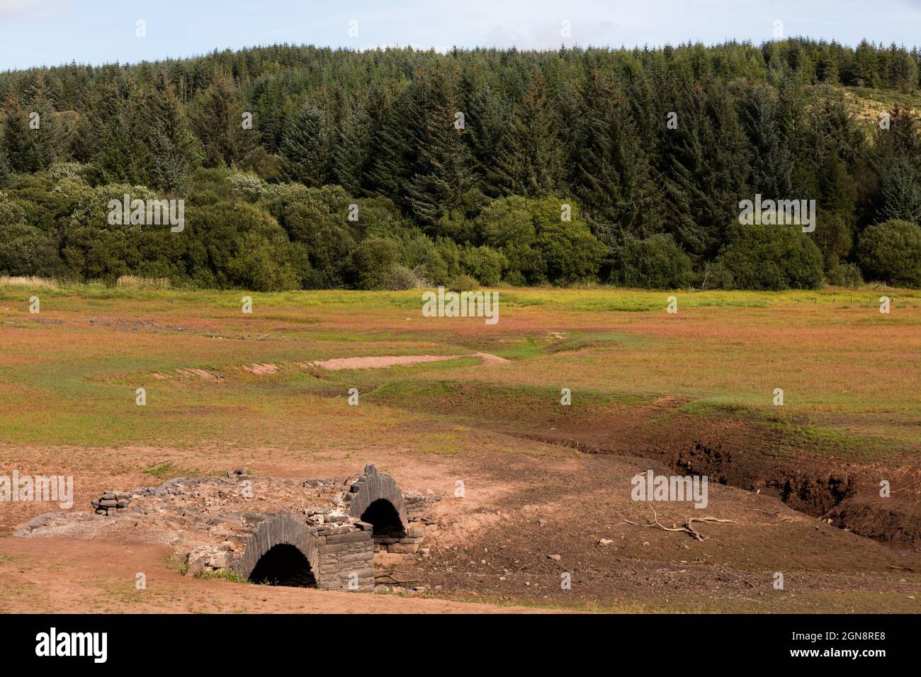 Llwyn Onn reservoir, Merthyr Tydfil, South Wales, UK.  23 September 2021.  UK weather:  Lower water levels than normal at this reservoir has uncovered an old bridge, Pont Yr Daf, normally underwater.  Credit: Andrew Bartlett/Alamy Live News. Stock Photo