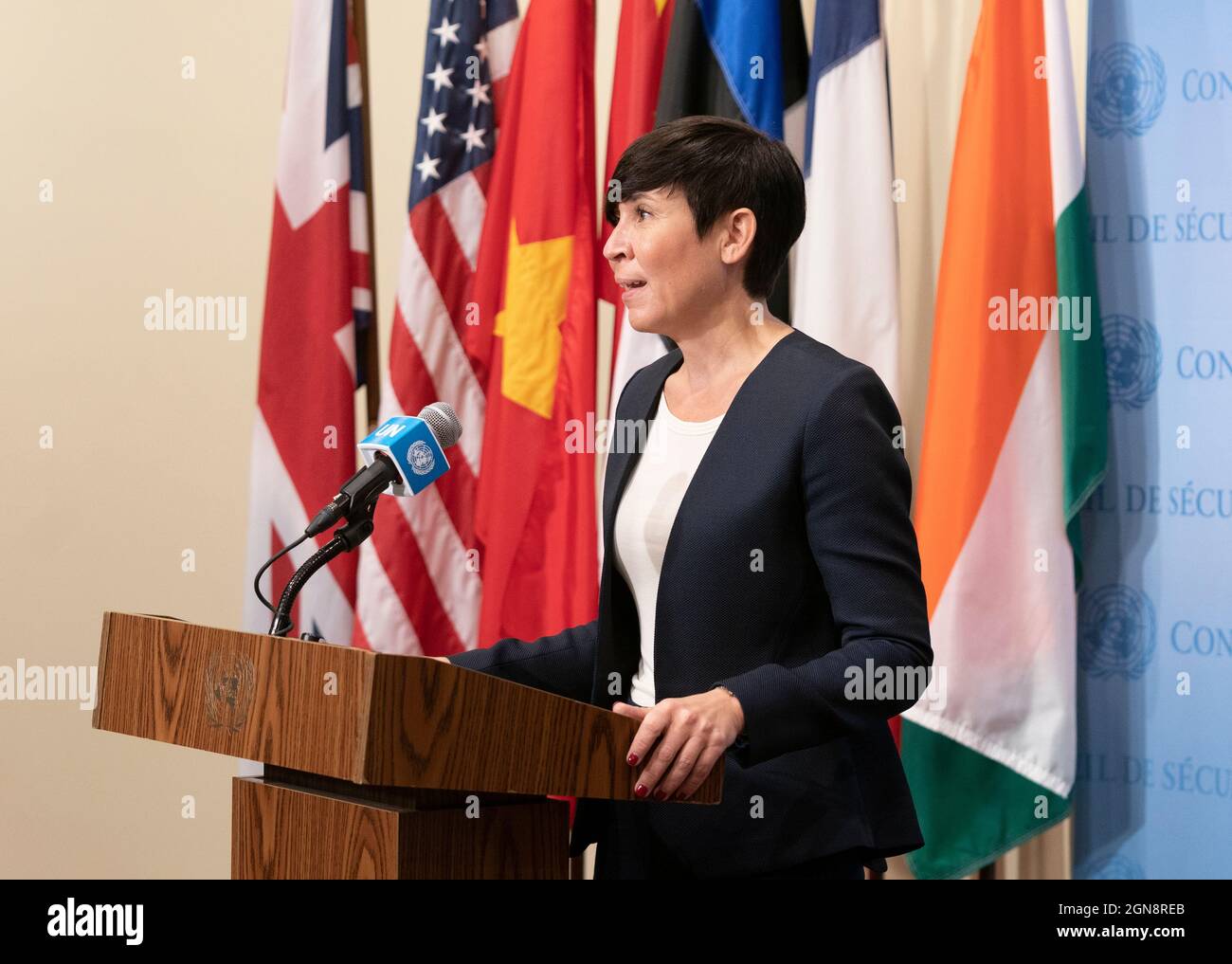New York, NY - September 23, 2021: Ms. Ine Eriksen Soreide, Minister for Foreign Affairs of Norway briefs media on stakeout of Security COuncil at UN Headquarters Stock Photo