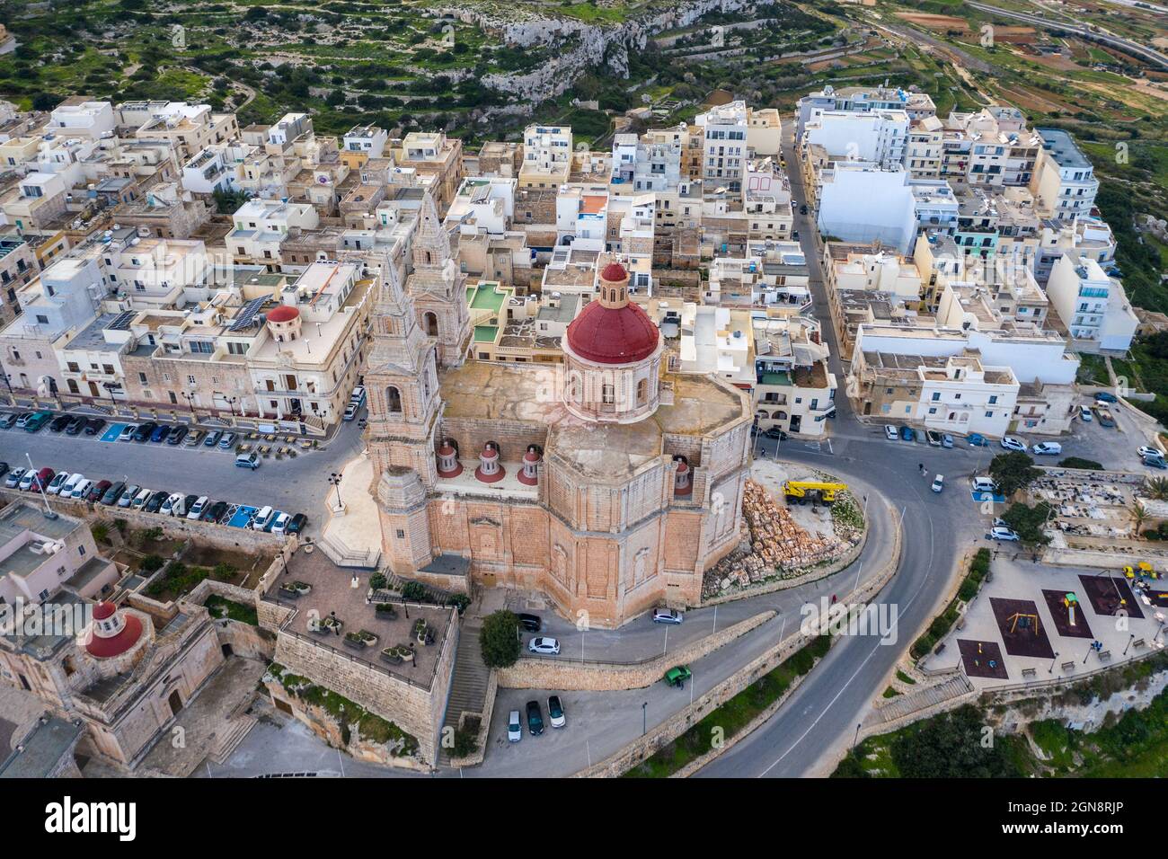 Malta, Northern Region, Mellieha, Aerial view of Parish Church of Nativity of Virgin Mary Stock Photo