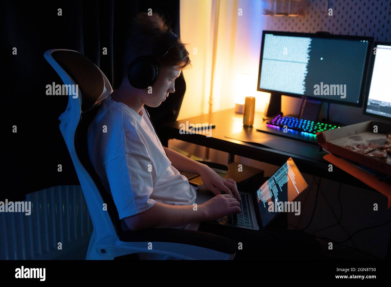 Boy using laptop at home Stock Photo