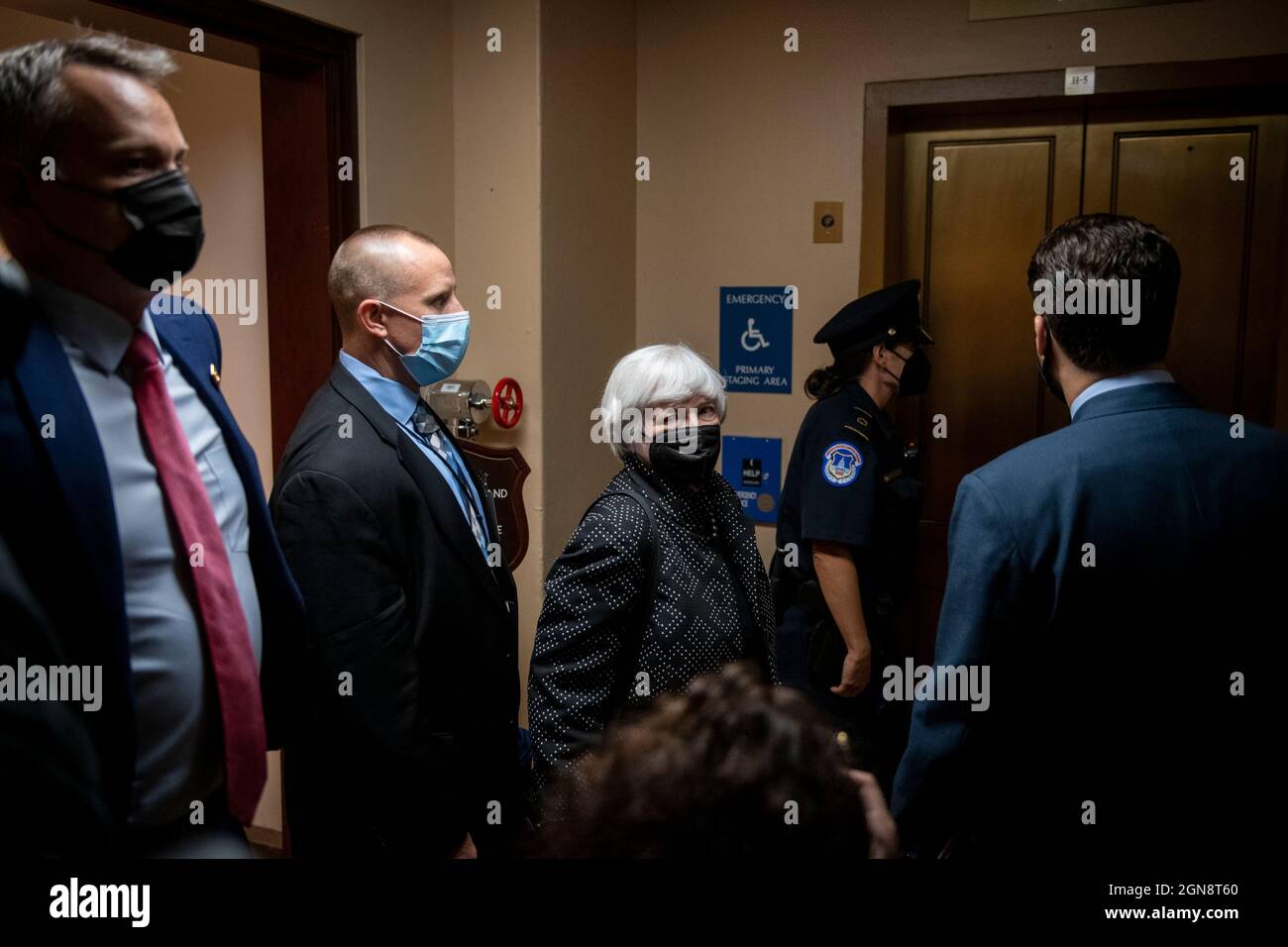 United States Secretary of the Treasury Janet Yellen makes her way to an elevator after joining Speaker of the United States House of Representatives Nancy Pelosi (Democrat of California) for her weekly press conference at the US Capitol in Washington, DC, Thursday, September 23, 2021. Credit: Rod Lamkey/CNP Stock Photo