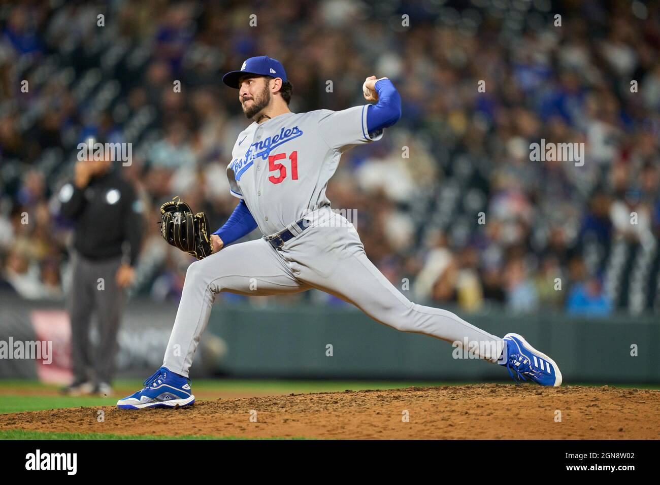 September 22 2021: Dodger pitcher Alex Vesia (51) throws a pitch during the  game with Los Angeles Dodgers and Colorado Rockies held at Coors Field in  Denver Co. David Seelig/Cal Sport Medi(Credit