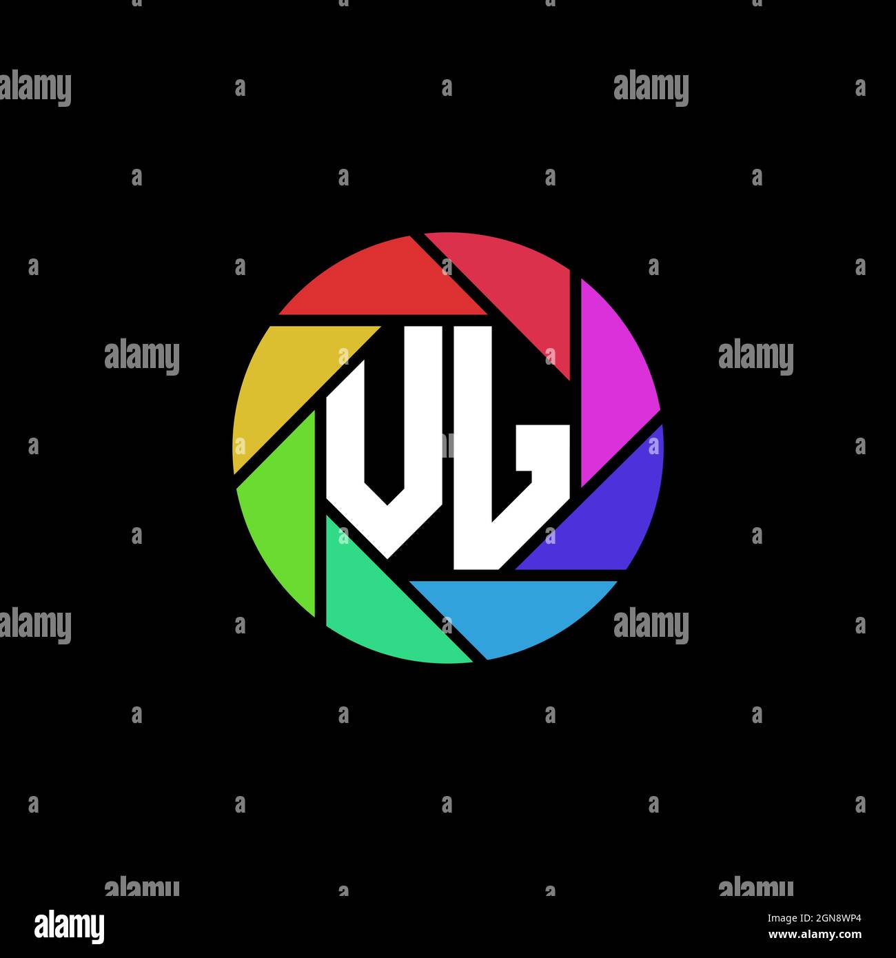 VJ Monogram Logo Letter Geometric Polygonal lens rainbow circle shape style Stock Vector