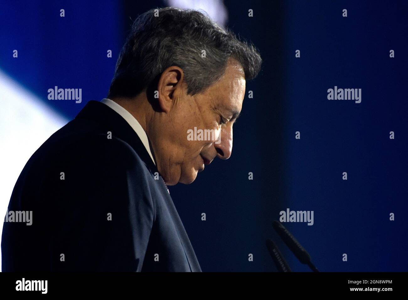Rome, Italy. 23rd Sep, 2021. The president of the Council of Ministers Mario Draghi speaks at the annual conference of Confindustria, at the Palazzo dello Sport.Confindustria, is the Italian employers' federation and national chamber of commerce. Credit: SOPA Images Limited/Alamy Live News Stock Photo