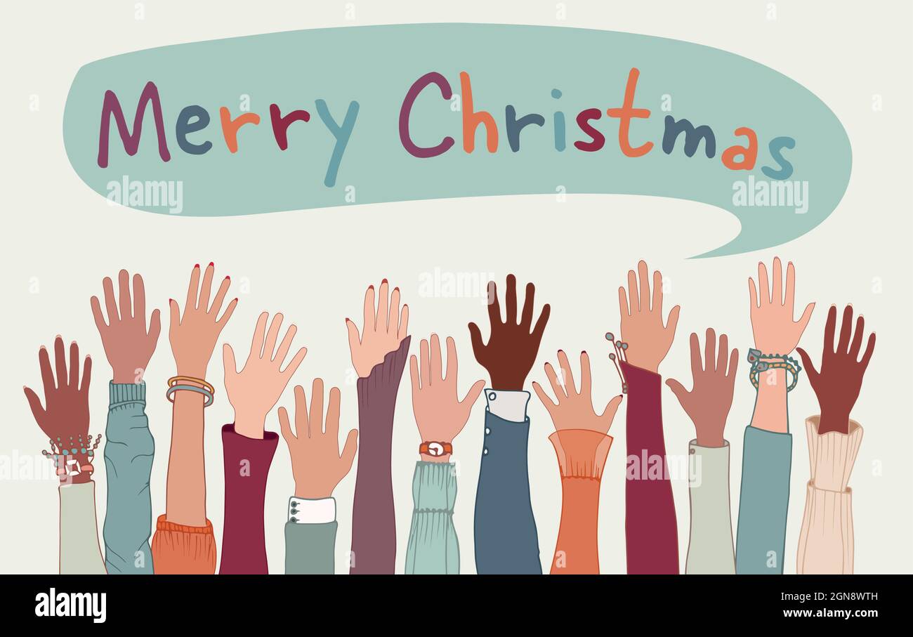 Raised arms and hands of co-workers or friends diverse multicultural people with above letters forming the text -Merry Christmas- Community Stock Vector