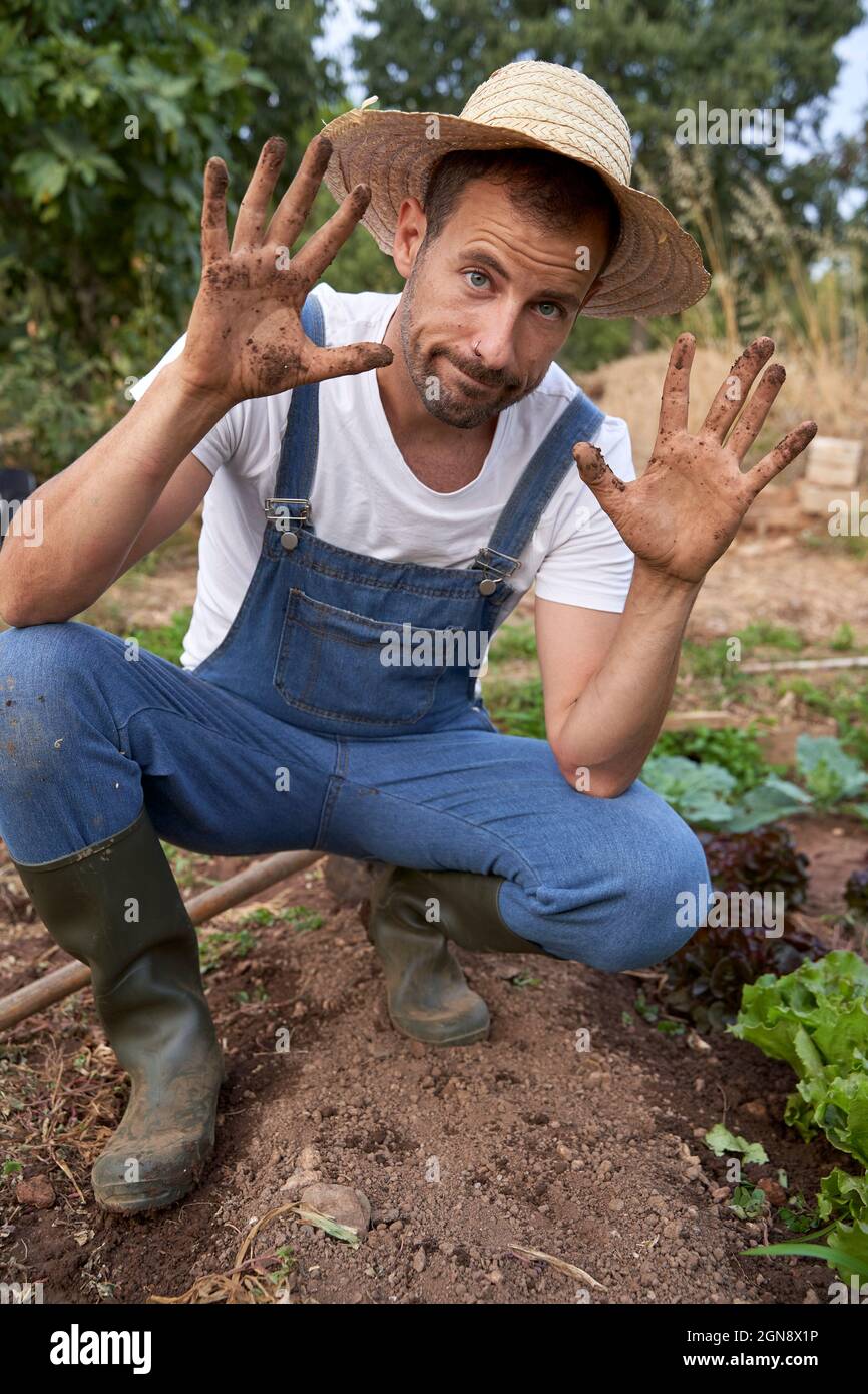 Farm worker in hat showing dirty hands while crouching at agricultural field Stock Photo