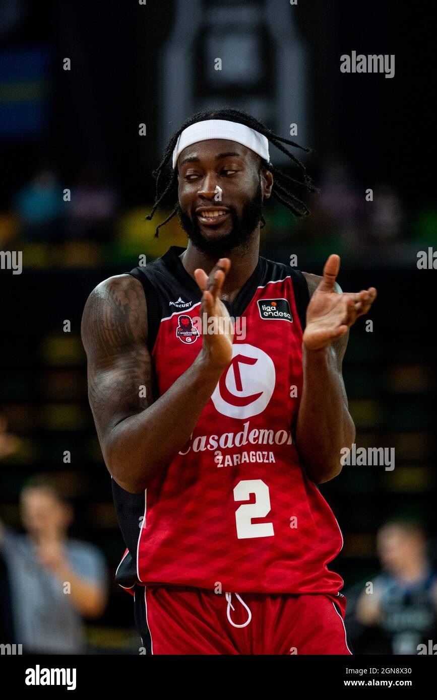 Bilbao, Basque Country, SPAIN. 23rd Sep, 2021. MATT MOBLEY (2) from Zaragoza  celebratingduring the Liga ACB week 1 game between Surne Bilbao Basket and  Casademont Zaragoza at Miribilla Bilbao Arena. (Credit Image: ©