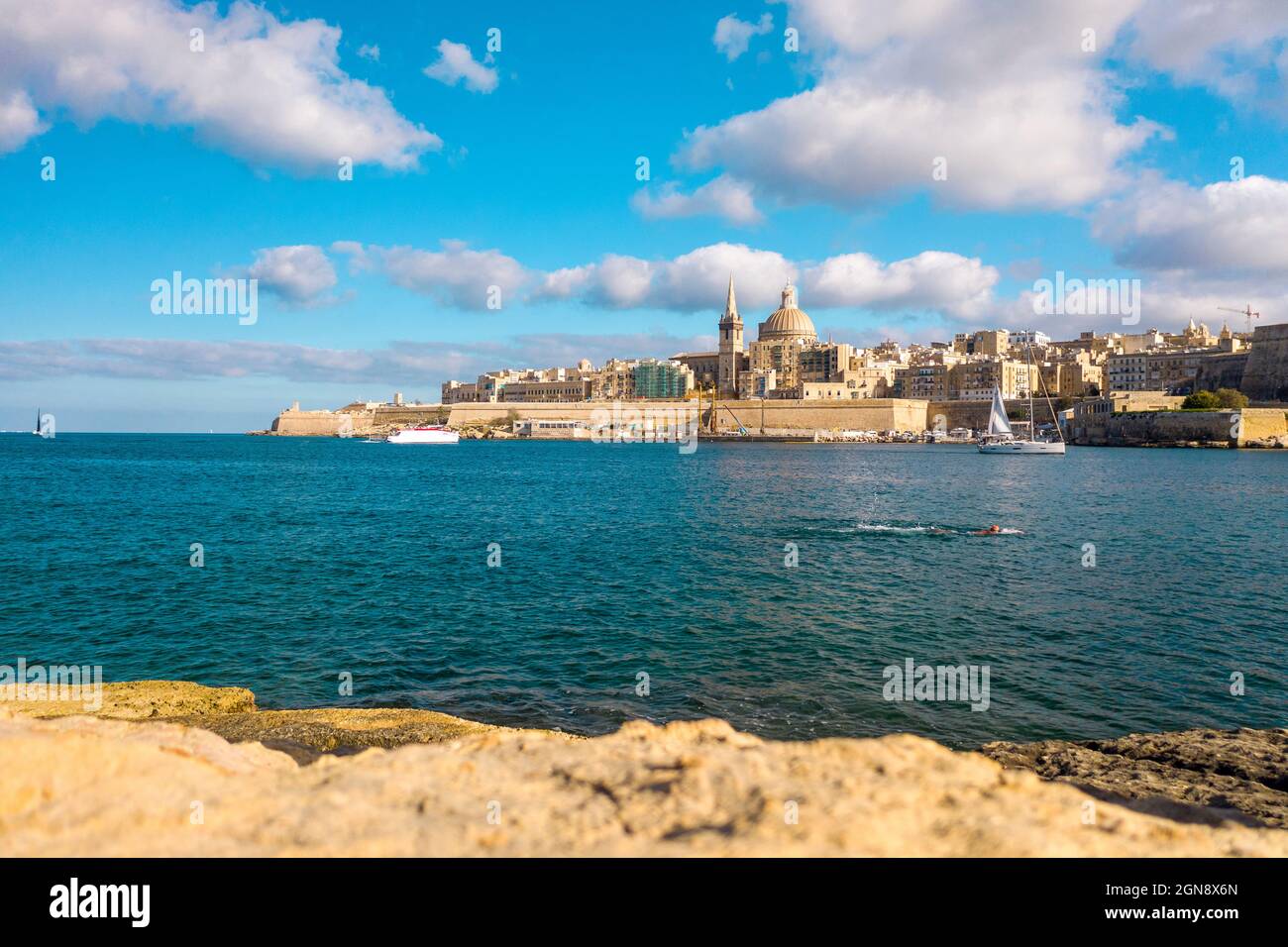 Malta, South Eastern Region, Valletta, Marsamxett Harbour and Saint Elmo Bay on sunny day Stock Photo