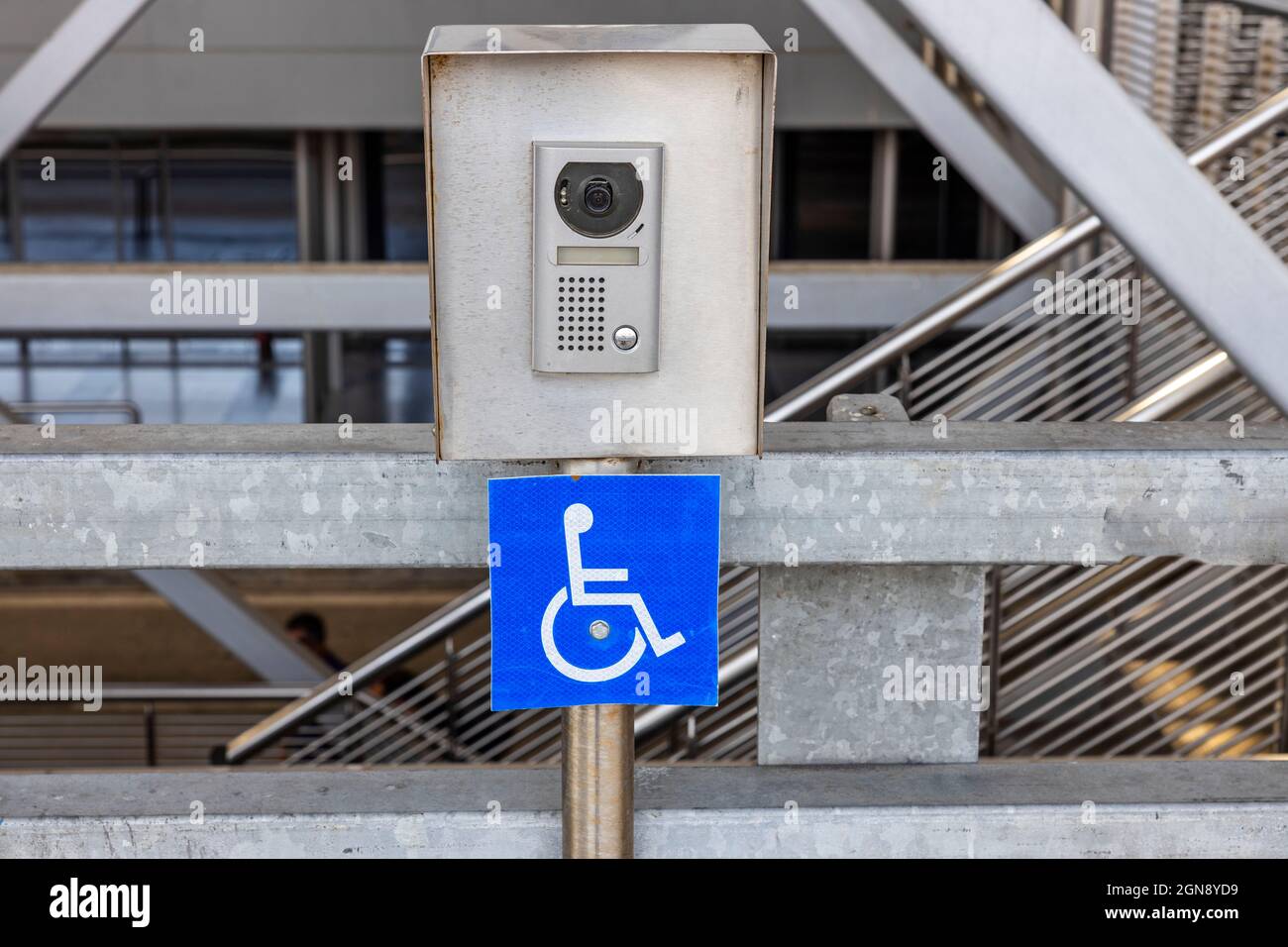 Emergency phone for disabled handicapped people  for help needed. Greece. Stock Photo