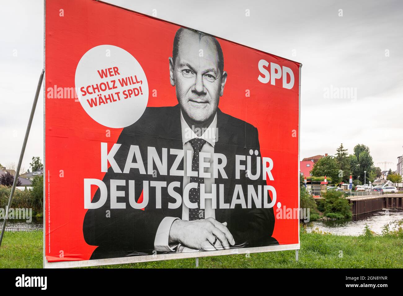 2021 Bundestag / German Federal Election campaign billboard reading 'Kanzler fuer Deutschland' for the centre left Social Democratic Party of Germany picturing candidate Olaf Scholz currently the leading contestant likely to become the new chancellor of Germany September 2021, Berlin, Germany, EU Stock Photo