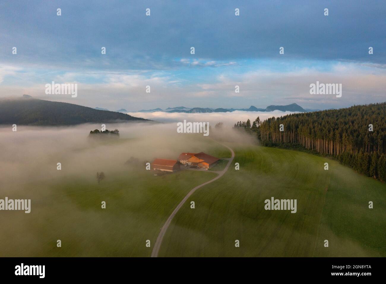 Drone view of countryside landscape shrouded in thick morning fog Stock ...