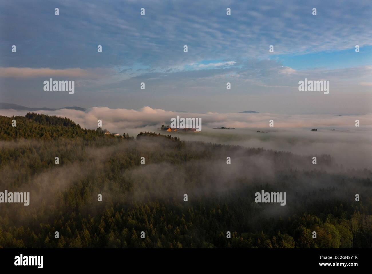Drone view of countryside landscape shrouded in thick morning fog Stock ...