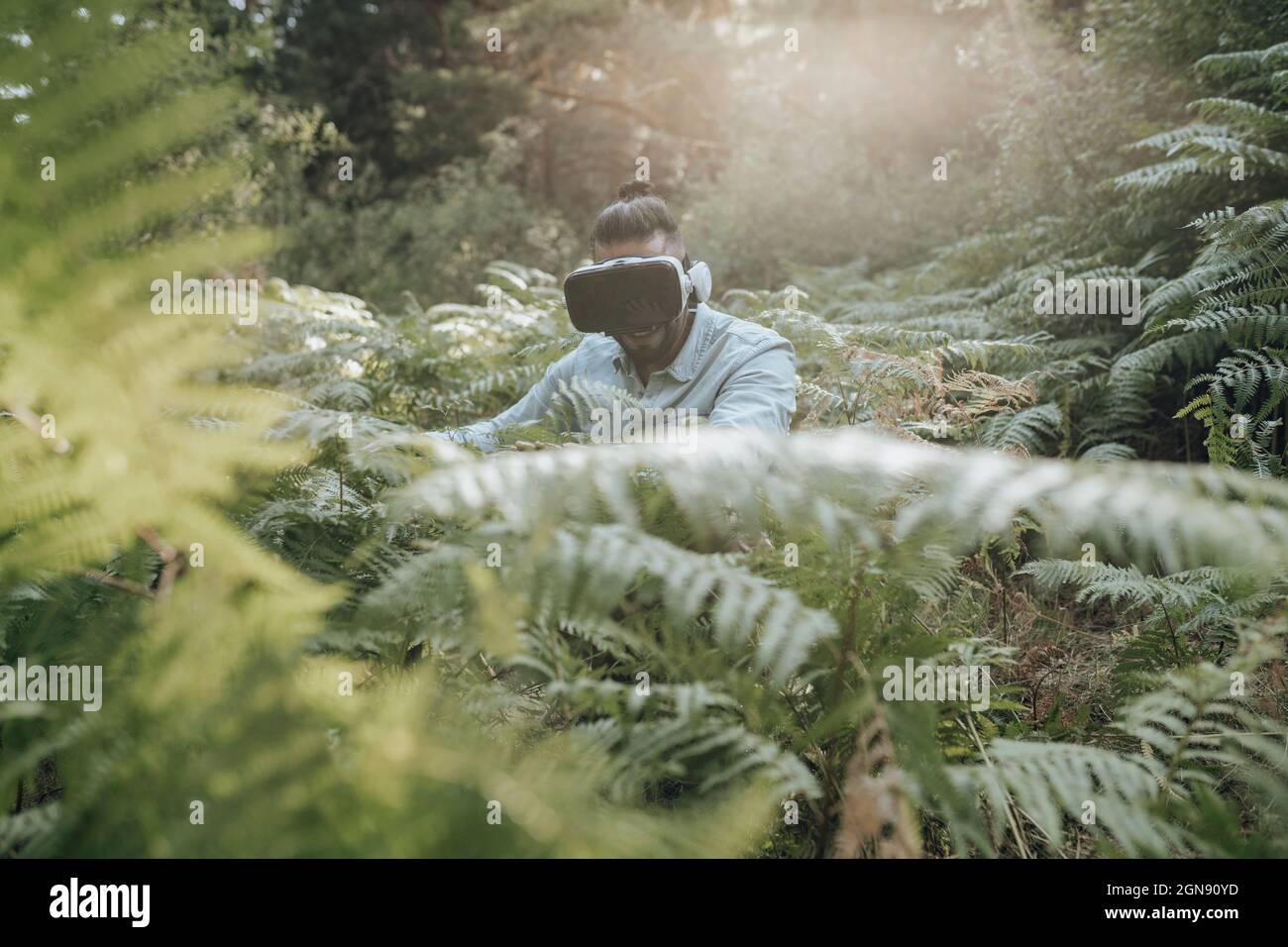 Man using virtual reality headset while exploring forest Stock Photo
