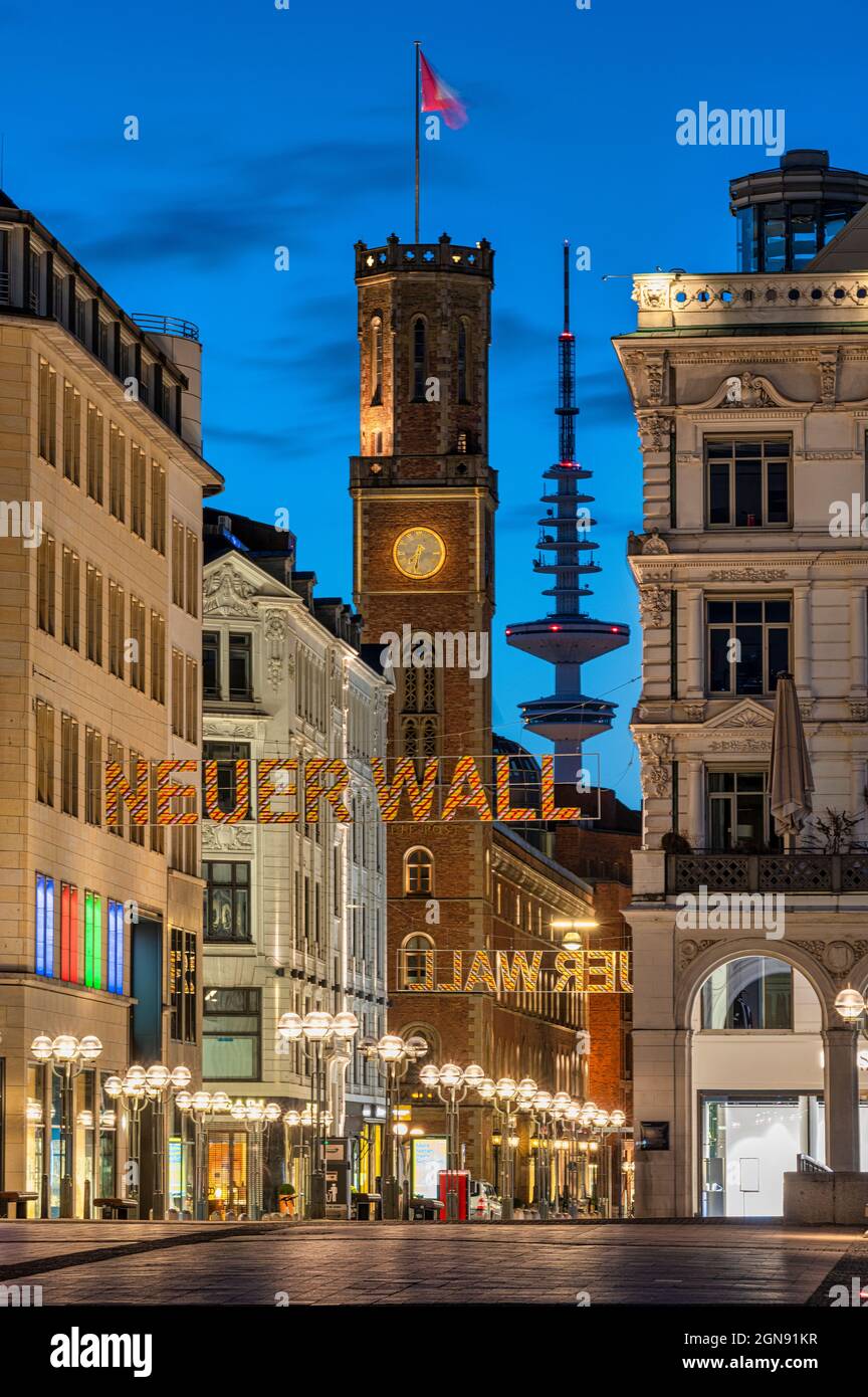 Germany, Hamburg, Empty Neuer Wall street at dusk with Alte Post and Heinrich Hertz Tower in background Stock Photo
