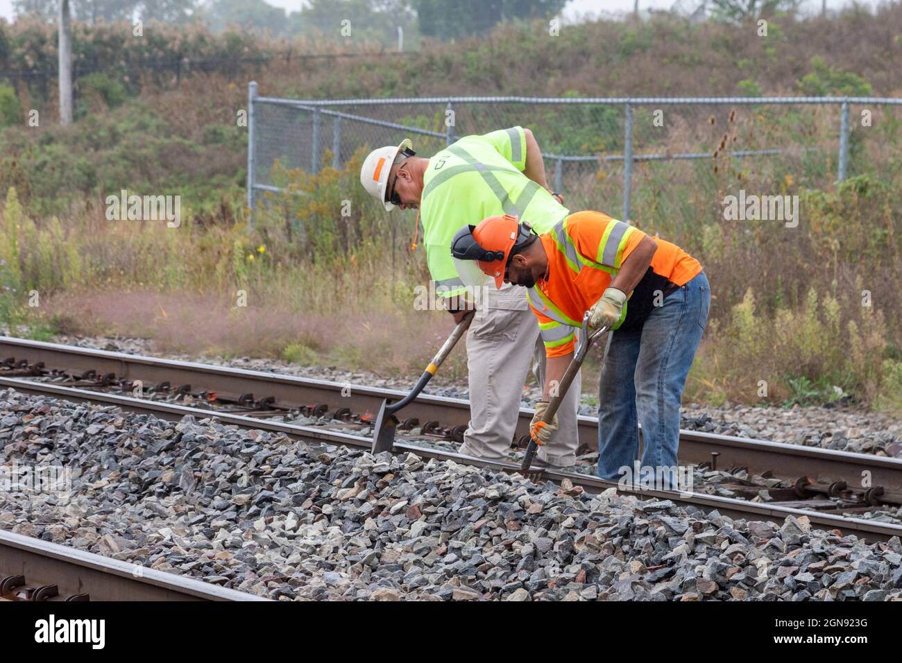Pontiac, Michigan A railroad maintenance crew works on the CN