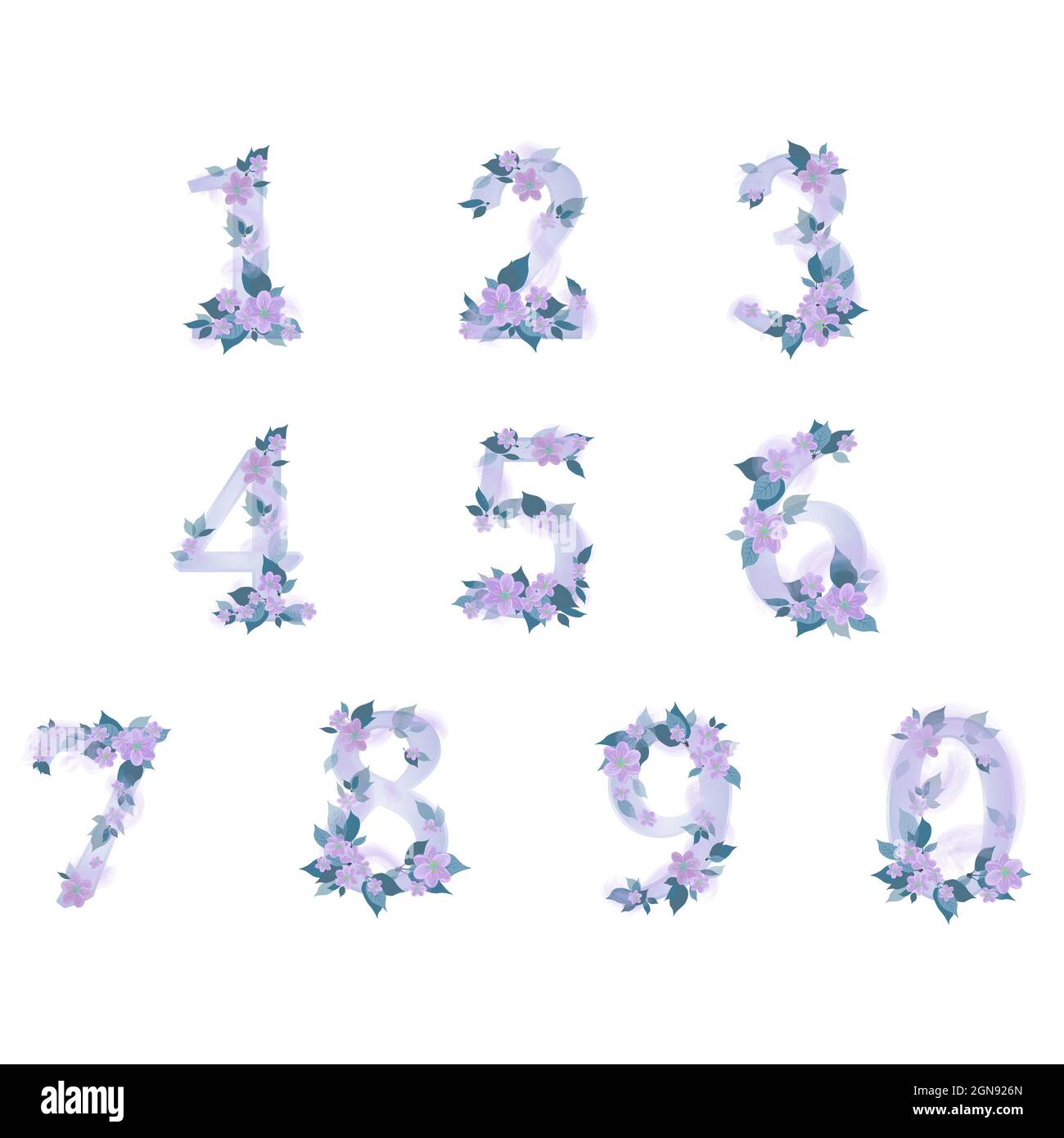 Floral number design 0 - 9. Blue and lavender colors Stock Vector