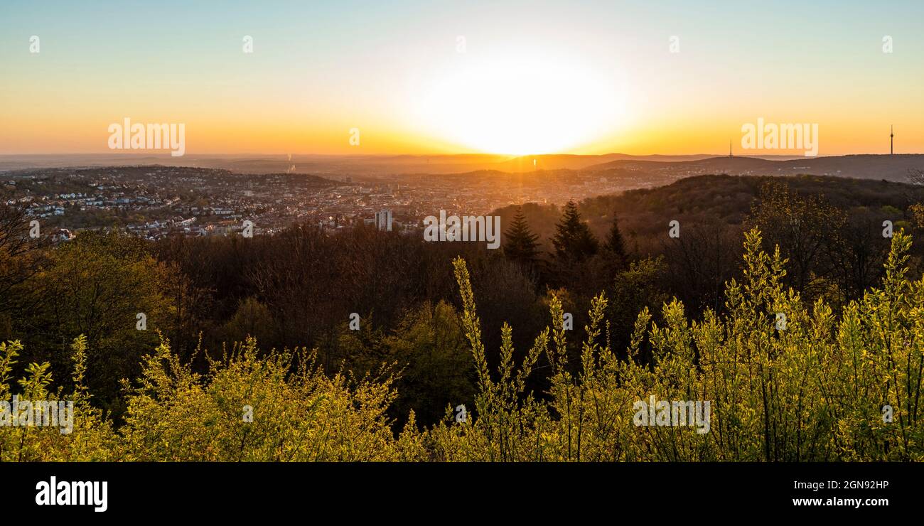 Germany, Baden-Wurttemberg, Stuttgart, View from Birkenkopf hill at sunrise Stock Photo