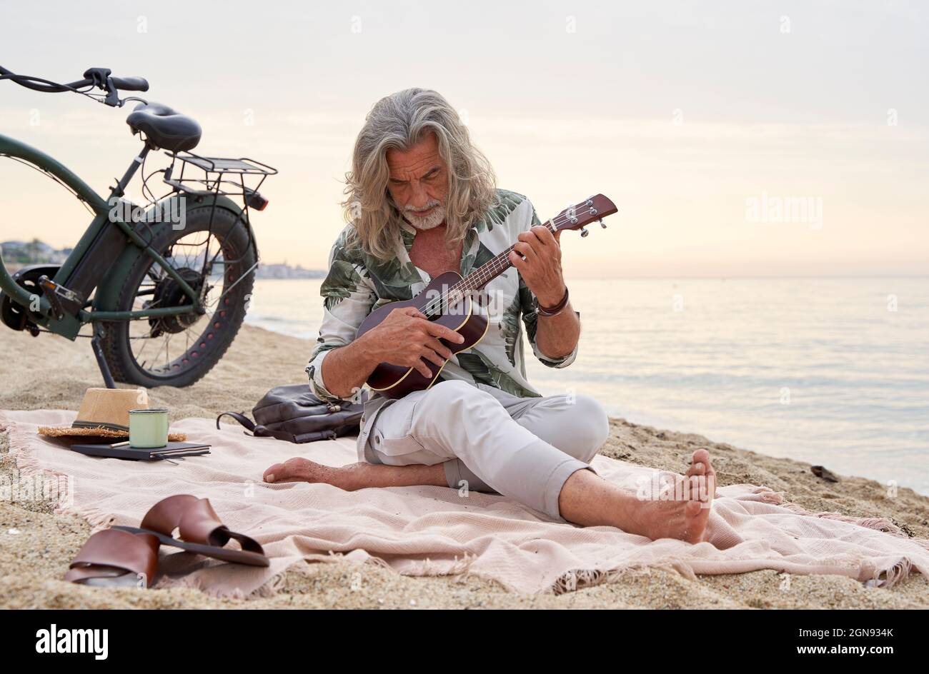 Mature man with gray hair ukulele at beach Photo - Alamy