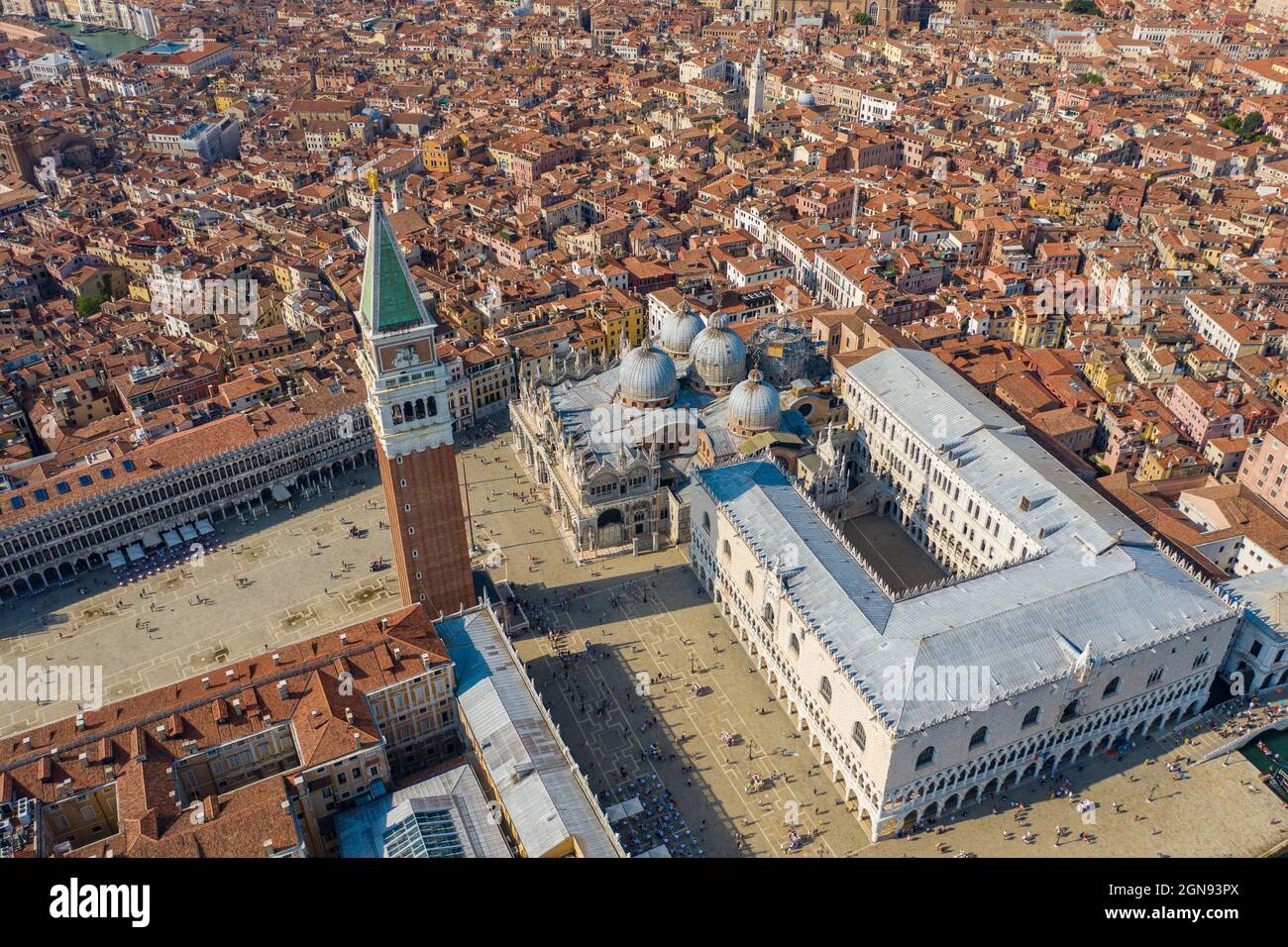 Italy, Veneto, Venice, Aerial view of Piazza San Marco with Doges Palace, Saint Marks Basilica and Saint Marks Campanile Stock Photo
