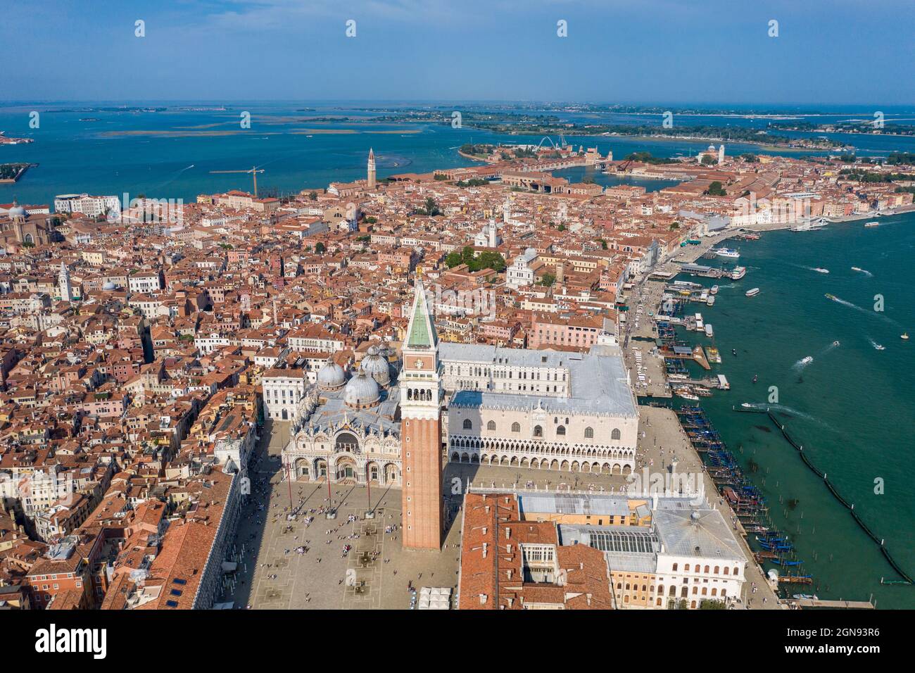Italy, Veneto, Venice, Aerial view of Piazza San Marco with Doges Palace, Saint Marks Basilica and Saint Marks Campanile Stock Photo