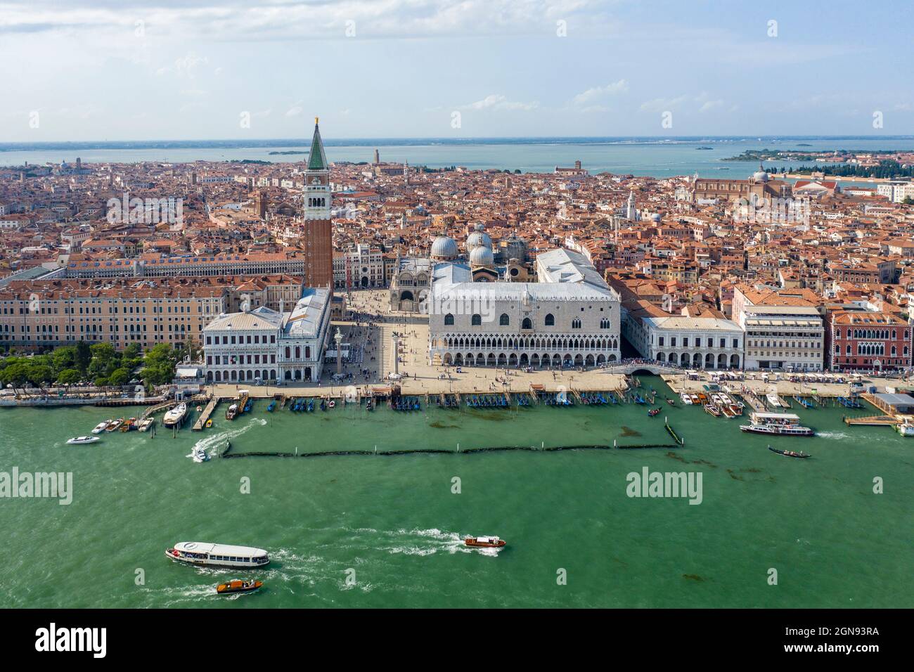 Italy, Veneto, Venice, Aerial view of Riva degli Schiavoni waterfront with Doges Palace in background Stock Photo