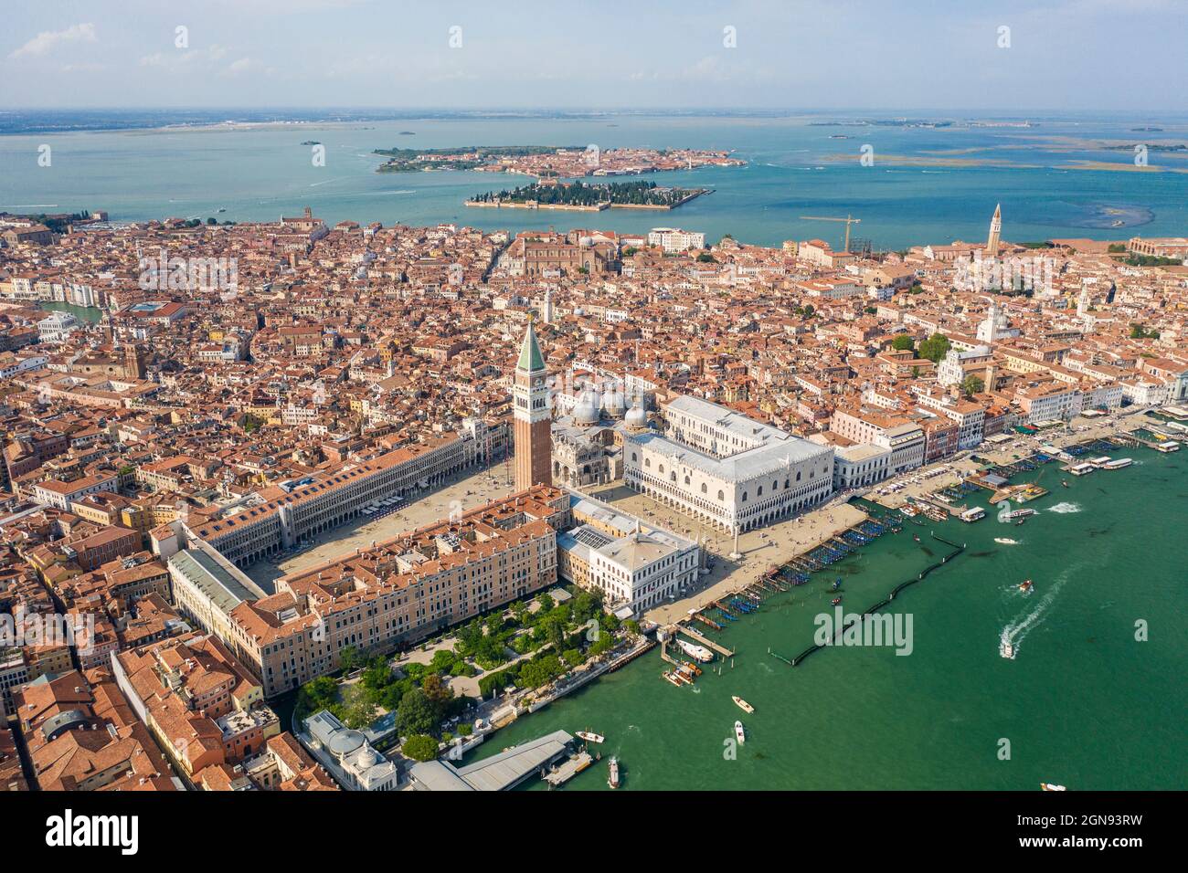 Italy, Veneto, Venice, Aerial view of Piazza San Marco with Doges Palace and Saint Marks Campanile Stock Photo