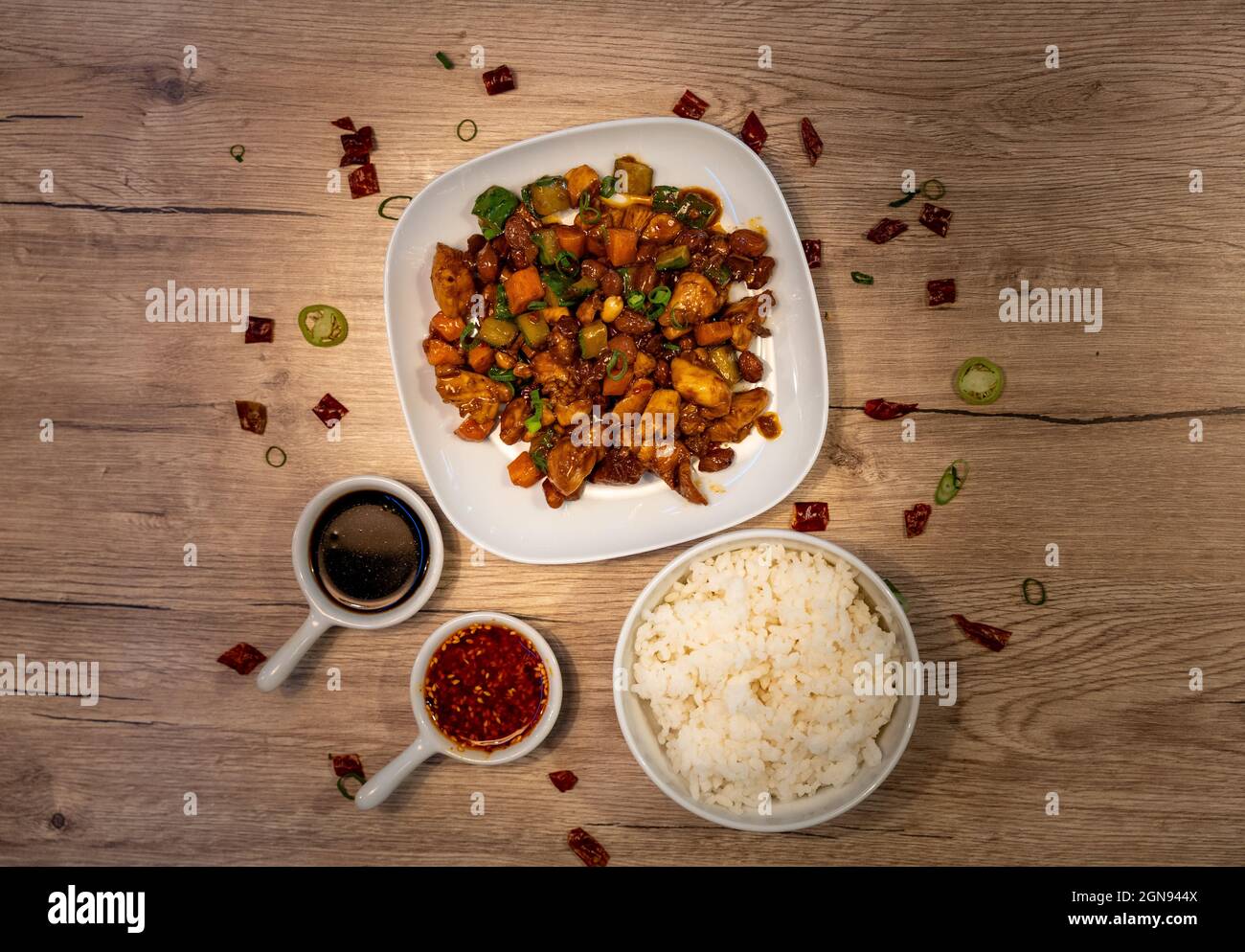Kung Pao Chicken, traditional Chinese dish served with white rice and