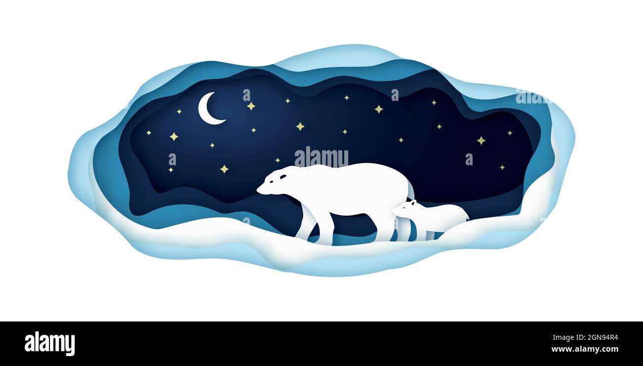 Paper illustration with polar bears going at night on the north pole. Vector illustration. Stock Vector