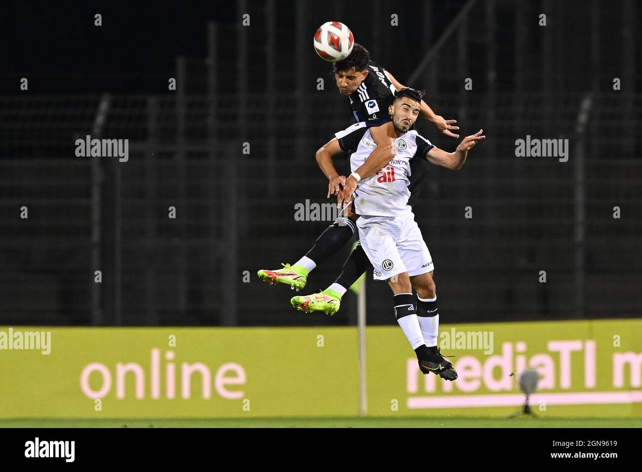 Brussels, Belgium. 24th Aug, 2023. Lugano's Allan Arigoni and Lugano's  Mattia Bottani pictured during a soccer game between Belgian Royale Union  Saint Gilloise and Swiss FC Lugano, Thursday 24 August 2023 in