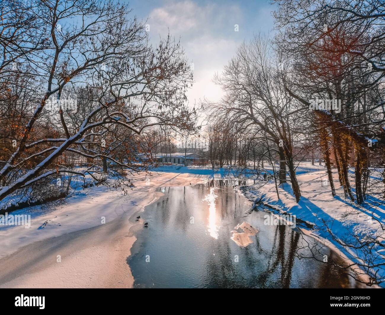 Snow covered landscape in city park in Braunschweig. Beautiful winter landscape on a sunny winter day Stock Photo