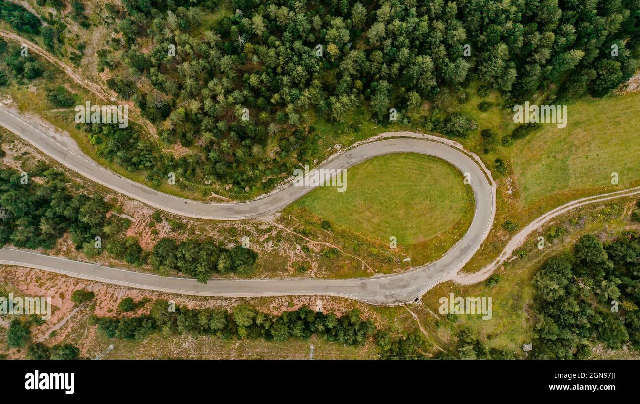 Aerial view of hairpin curve of mountain road in Pyrenees Stock Photo