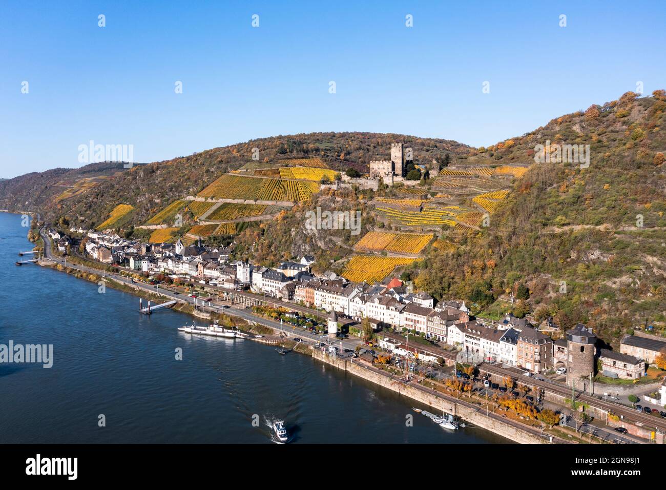 Rhine Riverside Germany, Rhineland-Palatinate, Kaub, Helicopter view of riverside town ...