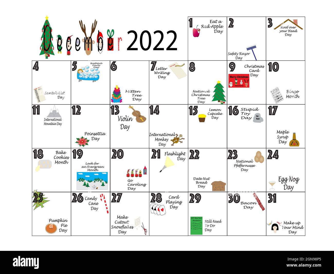 December 2022 illustrated monthly calendar of quirky holidays and unusual celebrations in colorful graphics on white Stock Photo - Alamy
