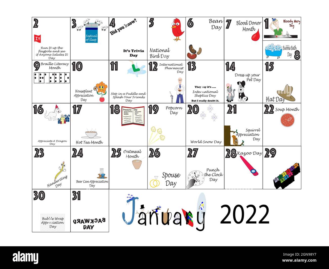 January 2022 illustrated monthly calendar of quirky holidays and unusual celebrations in colorful graphics on white Stock Photo - Alamy