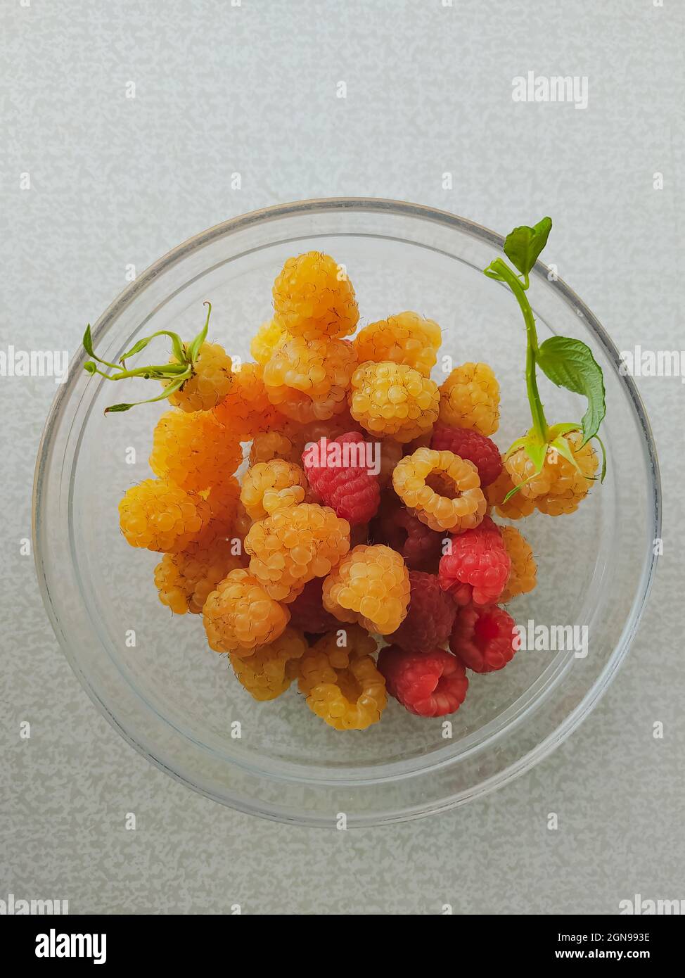 Red Andyellow Raspberry Mixed fresh red and yellow raspberries in a round transparent bowl ...