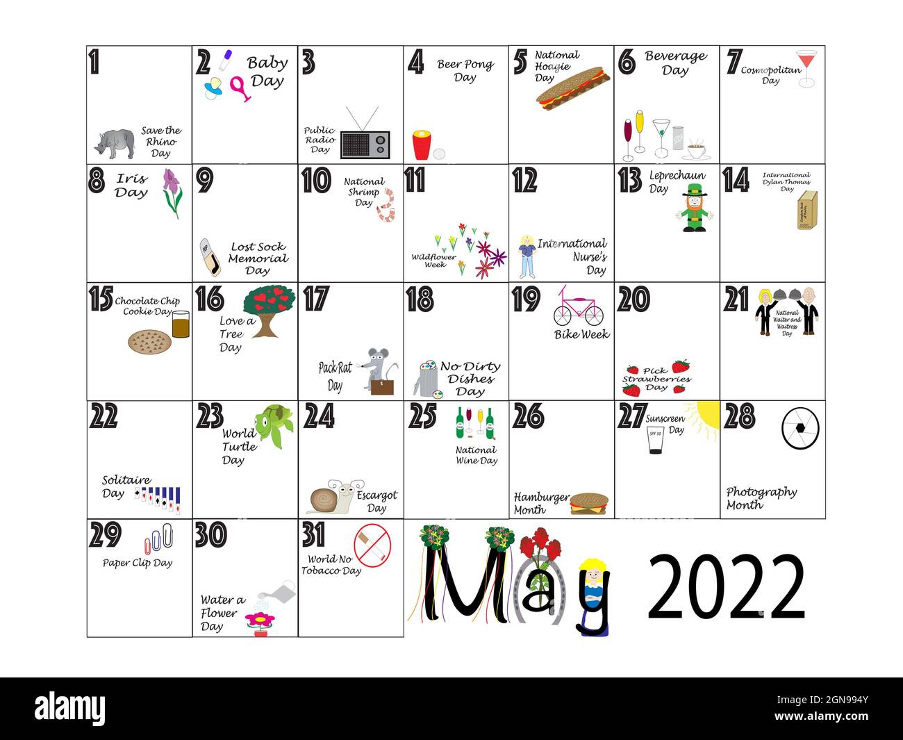 May 2022 illustrated monthly calendar of quirky holidays and unusual celebrations in colorful graphics on white Stock Photo - Alamy May 2022 illustrated monthly calendar of quirky holidays and unusual celebrations in colorful graphics on white Stock Photo - Alamy