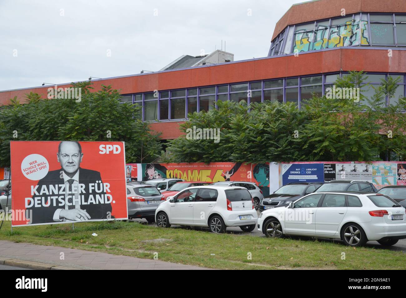 Campaign poster of Olaf Scholz at Landsberger Allee in Friedrichshain, Berlin, Germany - September 21, 2021. Stock Photo