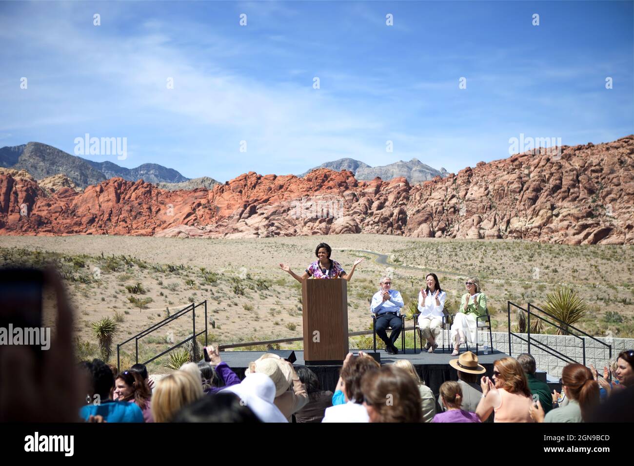 First Lady Michelle makes remarks during the launch of 'Let's Move Outside', an extension of her 'Let's Move!' initiative, at the Visitors' Center in Red Rock Canyon, Nev., June 1, 2010. (Official White House Photo by Samantha Appleton) This official White House photograph is being made available only for publication by news organizations and/or for personal use printing by the subject(s) of the photograph. The photograph may not be manipulated in any way and may not be used in commercial or political materials, advertisements, emails, products, promotions that in any way suggests approval or Stock Photo