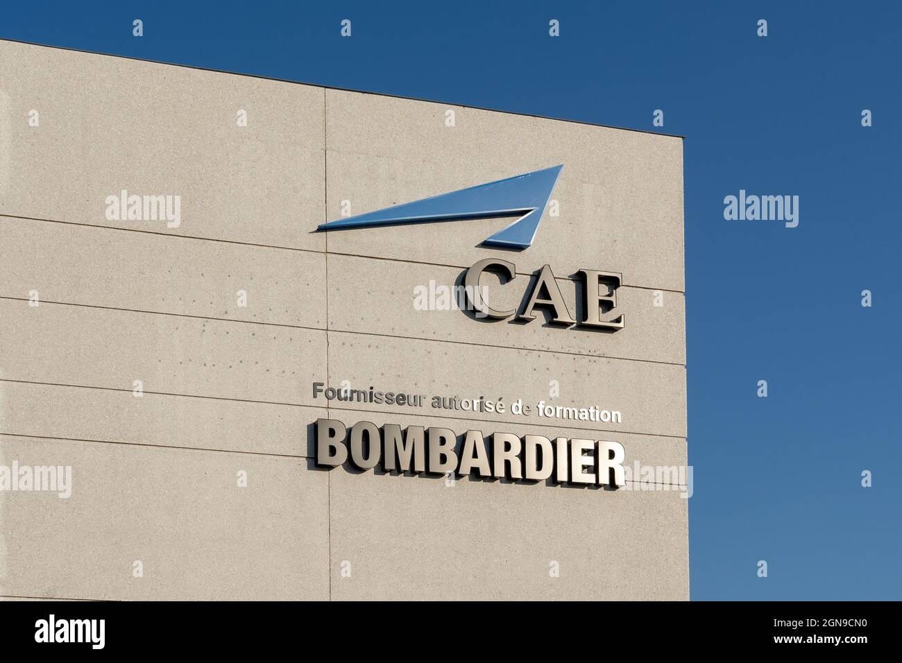Montreal, QC, Canada - September 4, 2021: Close up of CAE sign at their headquarters in Montreal, QC, Canada. Stock Photo