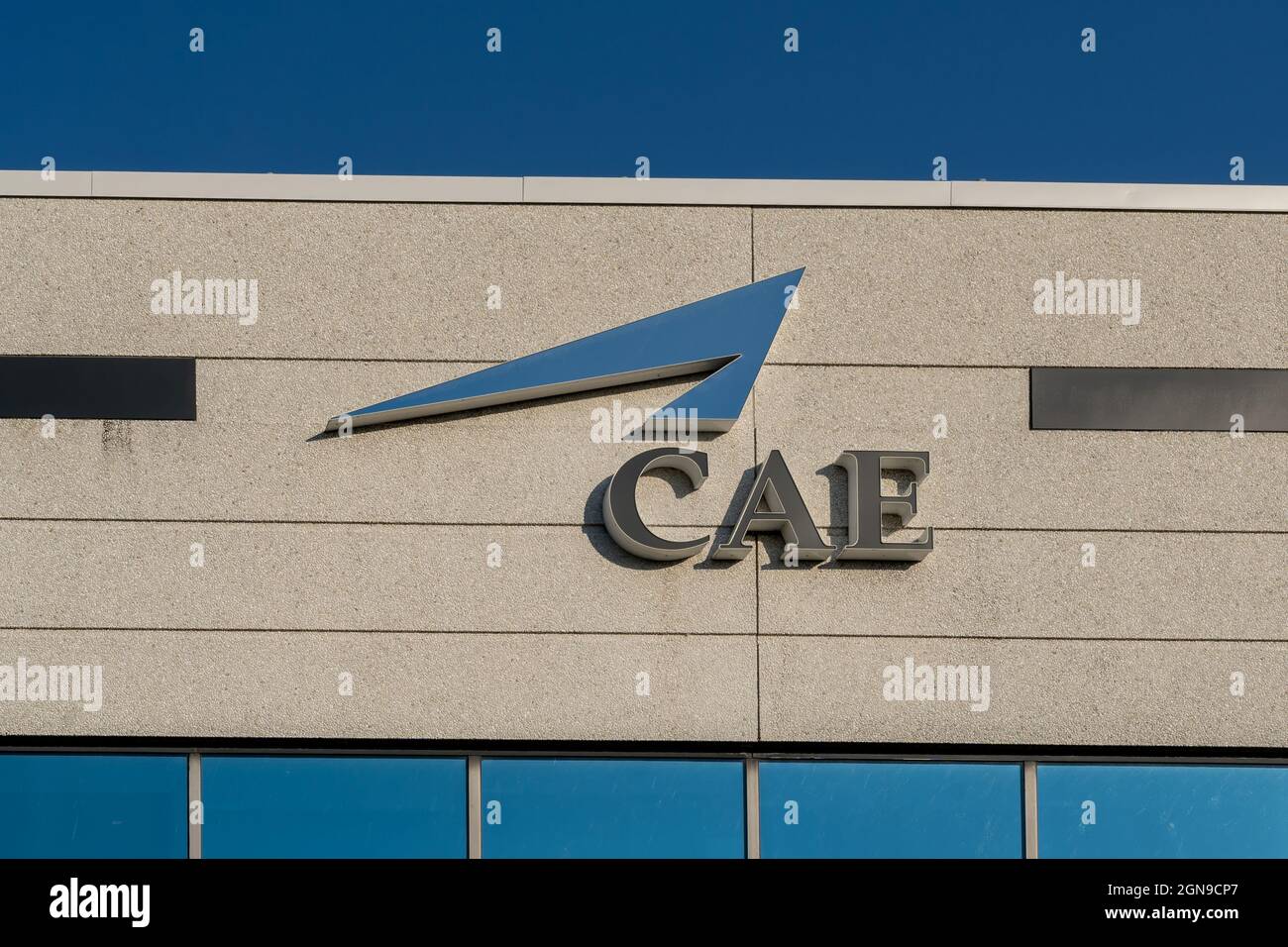 Montreal, QC, Canada - September 4, 2021: Close up of CAE sign at their headquarters in Montreal, QC, Canada. Stock Photo