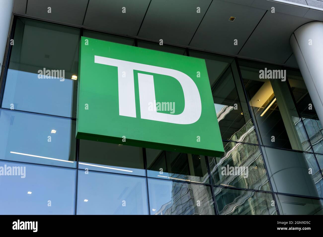 Montreal, QC,  Canada - September 4, 2021: Close up of TD bank sign on the building. Stock Photo