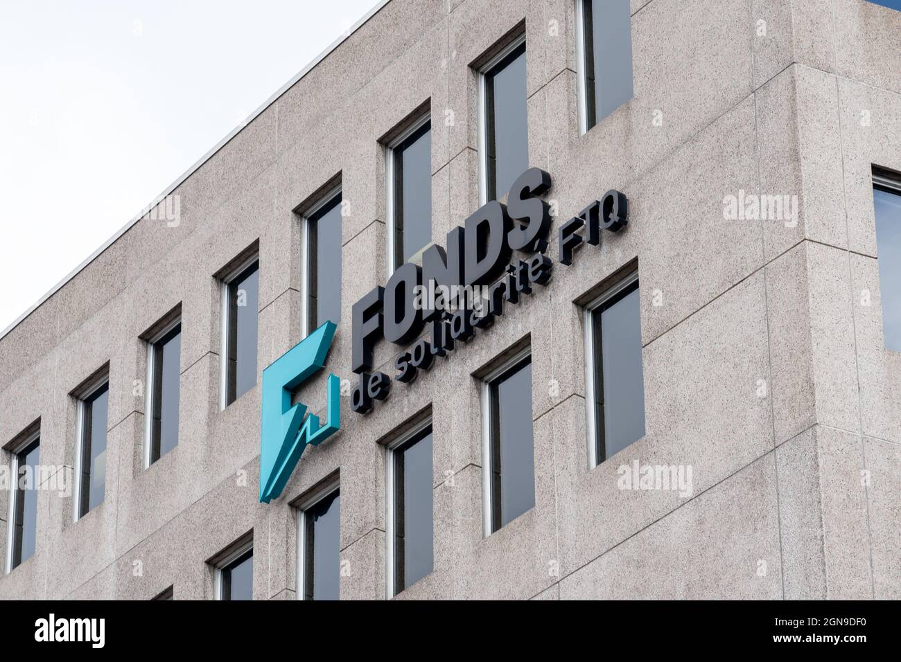 Montreal, Quebec, Canada - September 6, 2021: Close up of Fonds de solidarite FTQ sign at their headquarters in Montreal, Quebec, Canada. Stock Photo