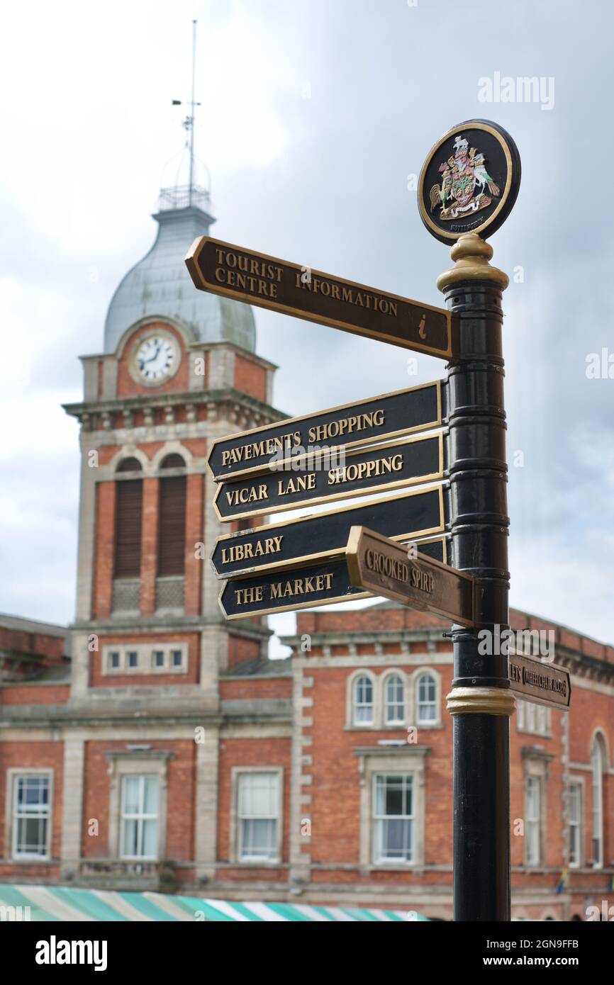 Chesterfield town centre street sign in front of the Market Hall