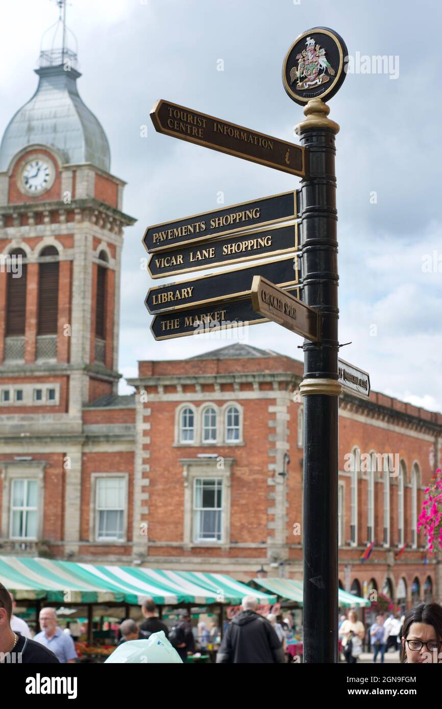 Chesterfield town centre street sign in front of the Market Hall