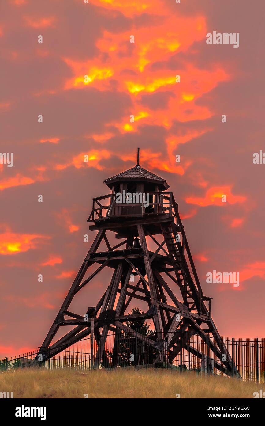 sunrise over the historical helena firetower at helena, montana Stock