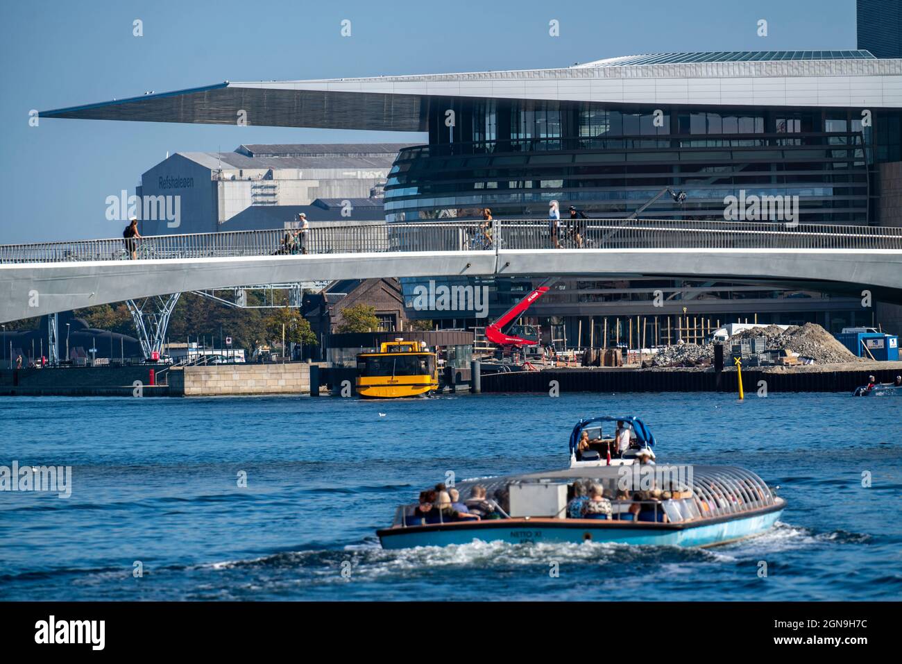 Opera House, Cycle Bridge, Inderhavnsbroen, Harbour, Canal Cruise Boat, Copenhagen, Denmark, Stock Photo