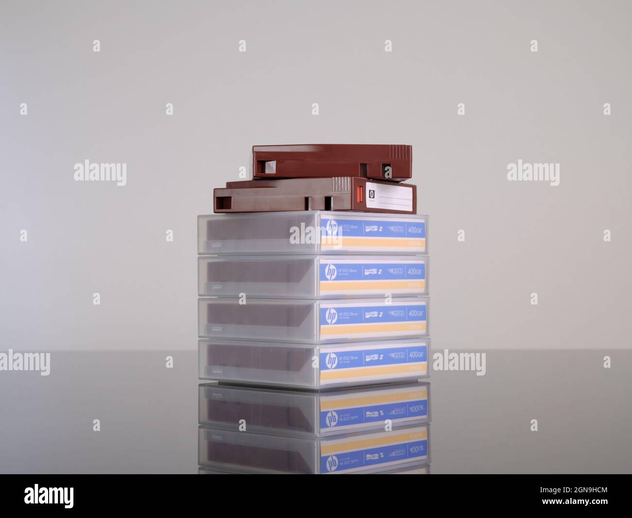 Stacks of LTO backup tape cartridges. LTO is used to backup